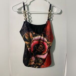 Floral Chain Strap Women's Top - Black and Red